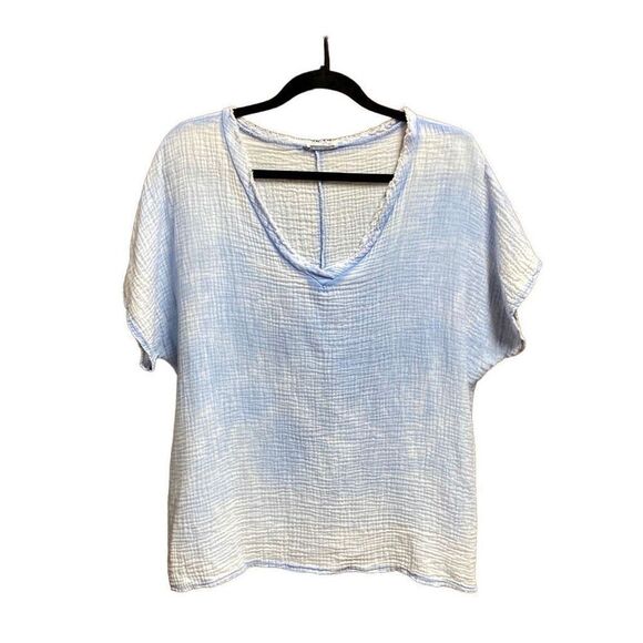Blue Tie Dye V-Neck Short Sleeve Gauze Top One Size - Picture 1 of 4